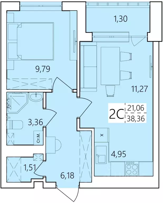 2-к кв. Башкортостан, Уфа Затон жилрайон, Волна жилой комплекс (38.36 ... - Фото 0
