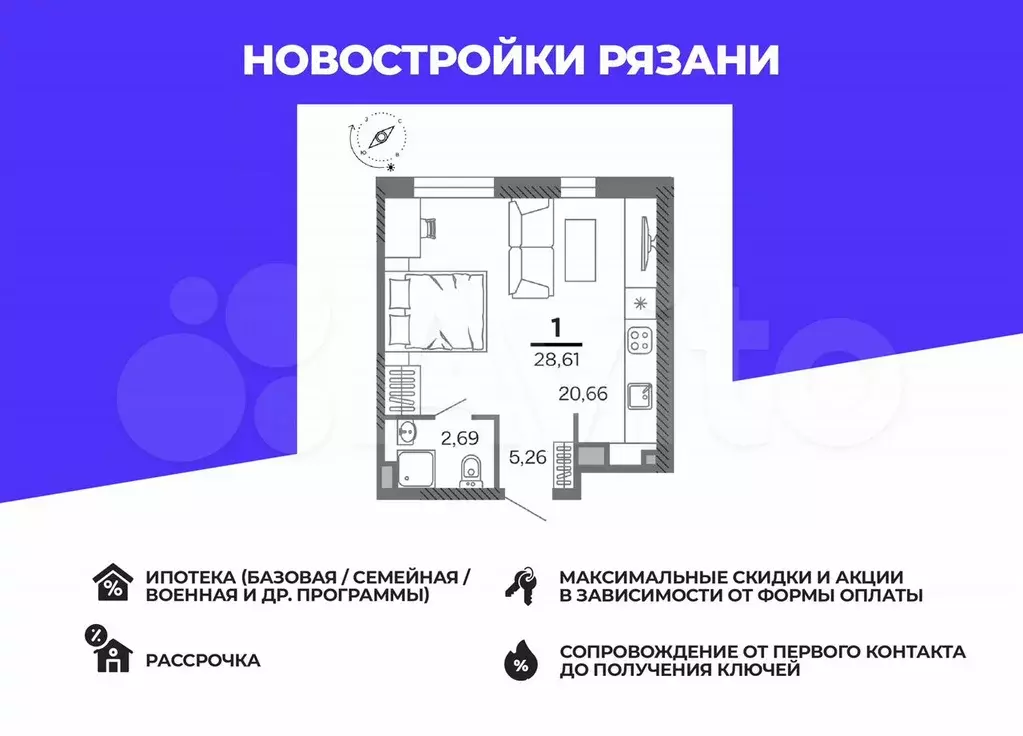 1-к. квартира, 28,6 м, 6/25 эт. - Фото 0