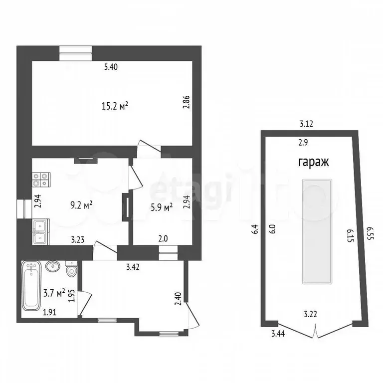 2-к. квартира, 44,7 м, 2/2 эт. - Фото 0