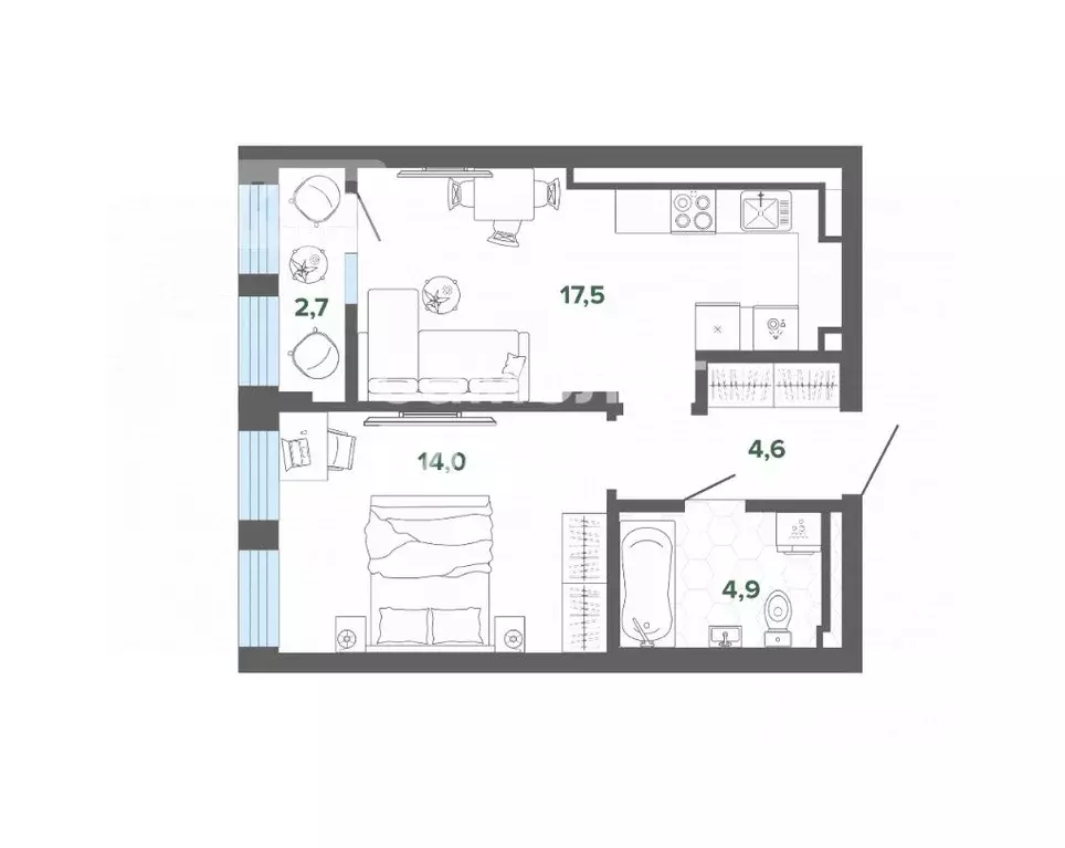 1-к кв. Свердловская область, Екатеринбург ул. Блюхера, 38 (44.0 м) - Фото 2