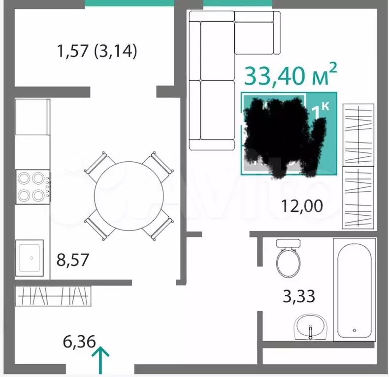 1-к. квартира, 34 м, 7/9 эт. - Фото 0