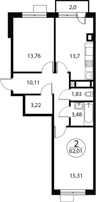 2-к квартира, 62.01 м - Фото 0