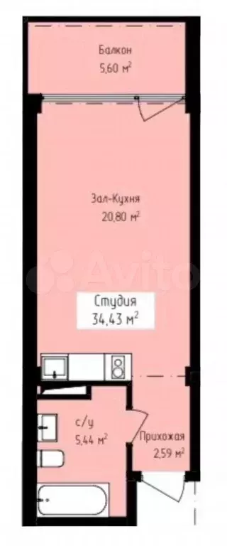 Апартаменты-студия, 34,4 м, 5/8 эт. - Фото 1