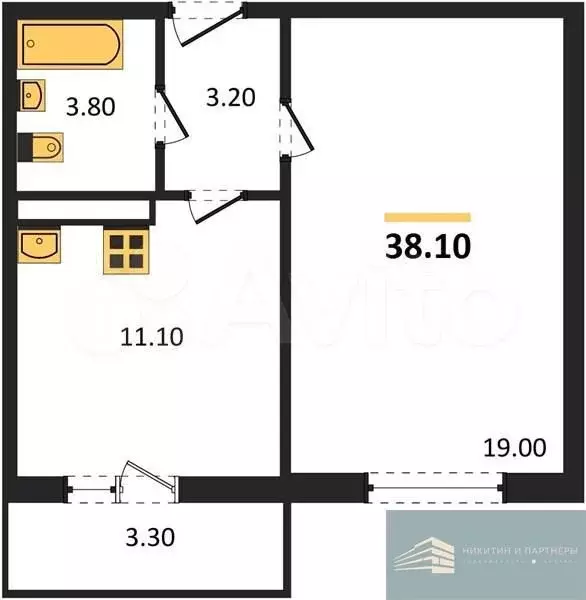 1-к. квартира, 38,1 м, 8/10 эт. - Фото 0