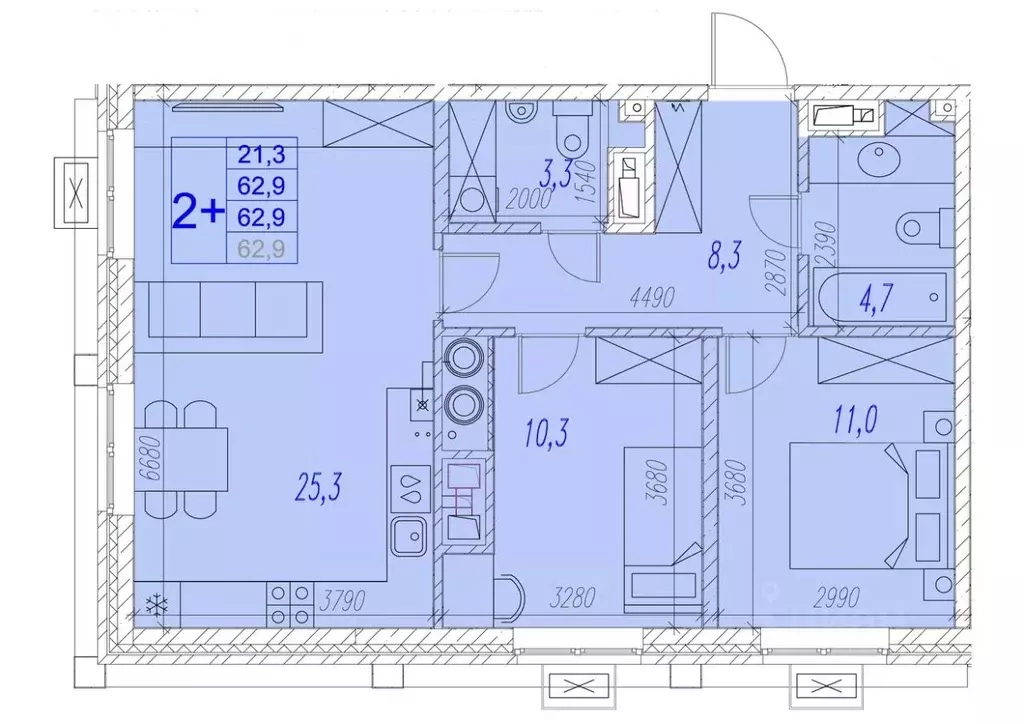 2-к кв. Астраханская область, Астрахань ул. Трофимова (62.9 м) - Фото 1