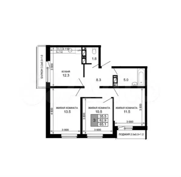3-к. квартира, 65,1 м, 14/16 эт. - Фото 1