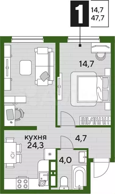 1-к. квартира, 47,7м, 13/16эт. - Фото 1