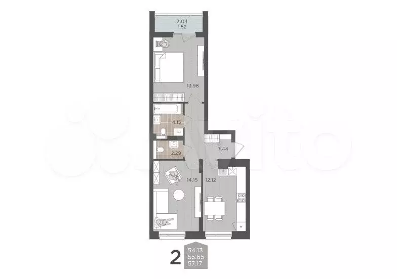 2-к. квартира, 55,7 м, 8/9 эт. - Фото 1