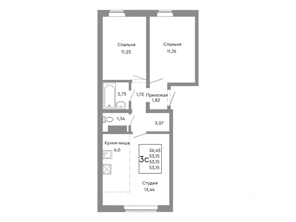 3-к кв. Челябинская область, Челябинск Нефтебазовая ул., 1-13 (53.15 ... - Фото 1