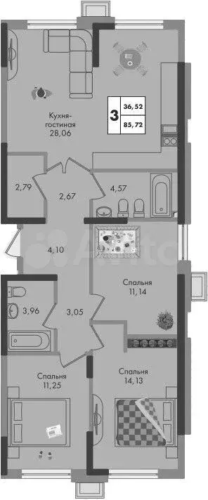 3-к. квартира, 85,7м, 2/9эт. - Фото 1