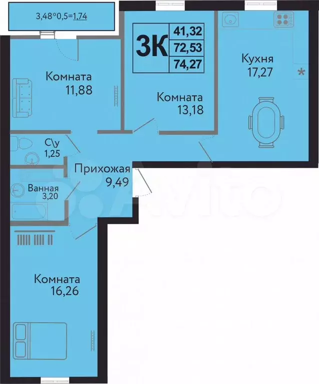 3-к. квартира, 74,3 м, 15/19 эт. - Фото 1