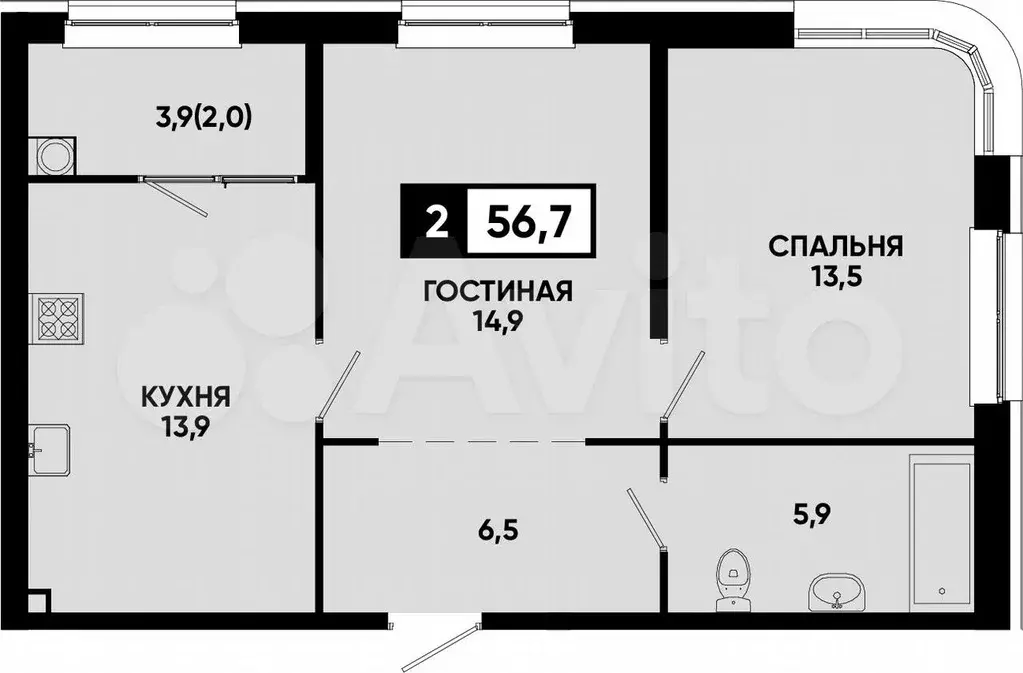 2-к. квартира, 56,7 м, 2/12 эт. - Фото 0