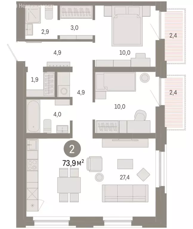 2-комнатная квартира: Тюмень, Мысовская улица, 26к2 (73.92 м) - Фото 1
