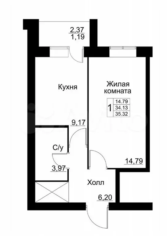 1-к. квартира, 35,3 м, 5/9 эт. - Фото 1