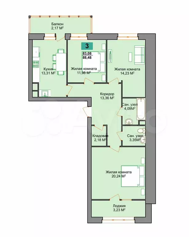 3-к. квартира, 89,1 м, 4/9 эт. - Фото 0