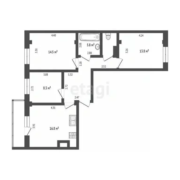 3-к кв. Тюменская область, Тюмень ул. Константина Посьета, 16 (69.8 м) - Фото 1