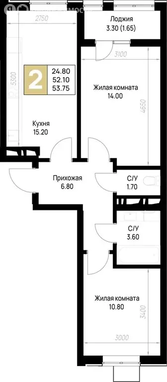 2-комнатная квартира: Анапа, ЖК На Высоком Берегу (53.75 м) - Фото 1