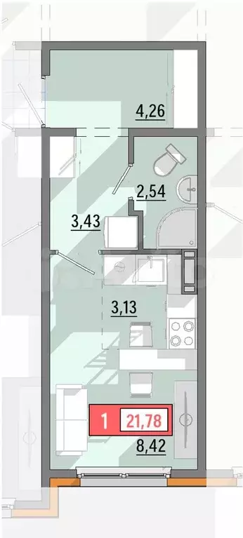 Квартира-студия, 21,7 м, 2/8 эт. - Фото 0