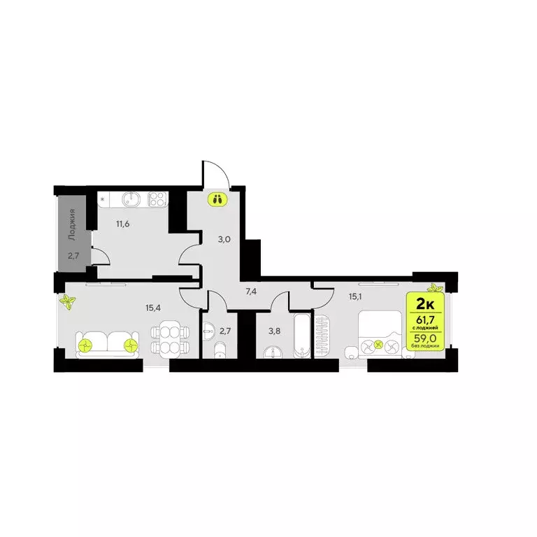 2-комнатная квартира: Тюмень, улица Пожарных и Спасателей, 16 (59 м) - Фото 2