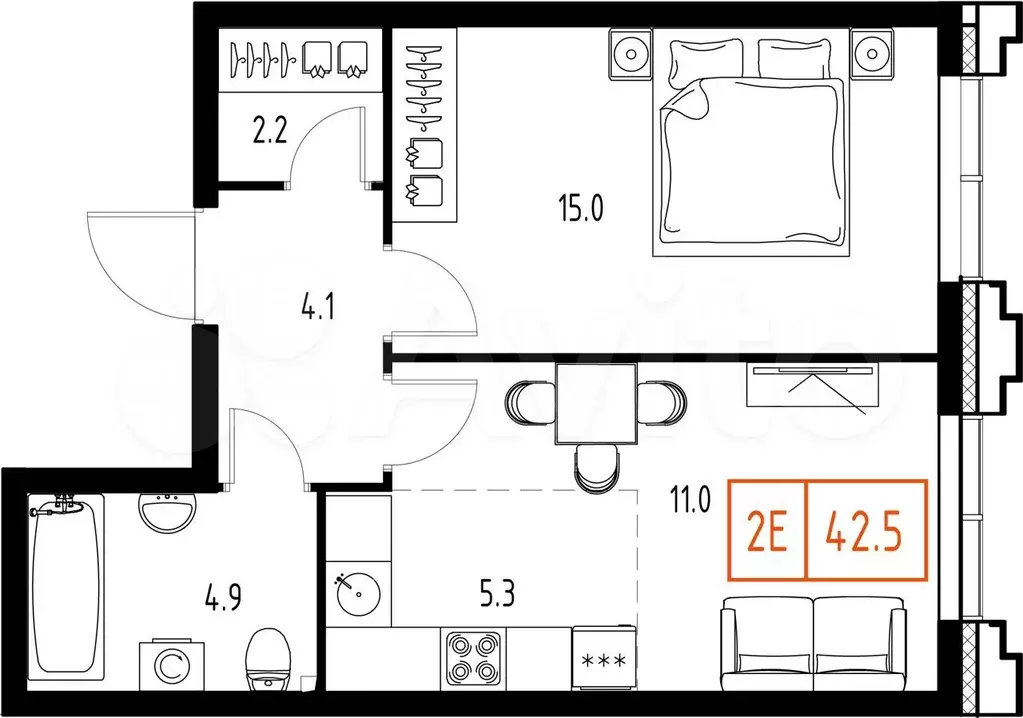 2-к. квартира, 42,5 м, 9/9 эт. - Фото 0