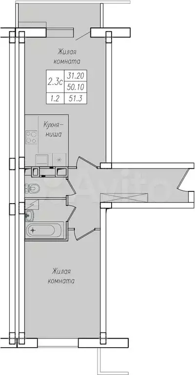 2-к. квартира, 51,3 м, 1/10 эт. - Фото 0