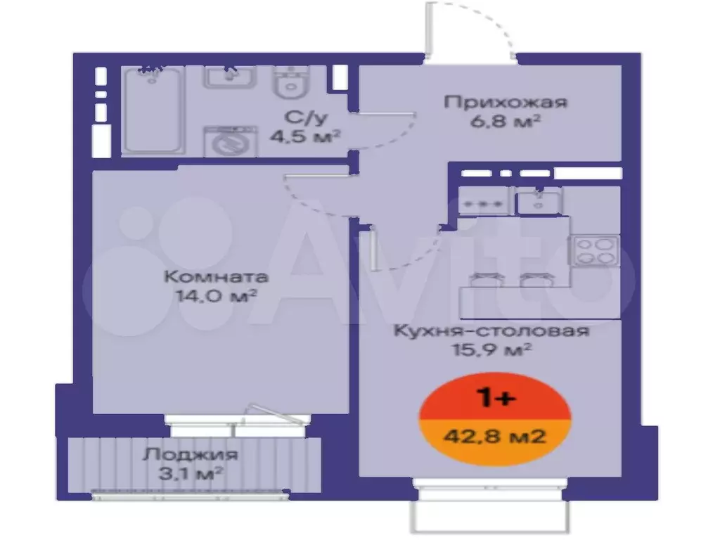 1-к. квартира, 42,8 м, 3/16 эт. - Фото 1