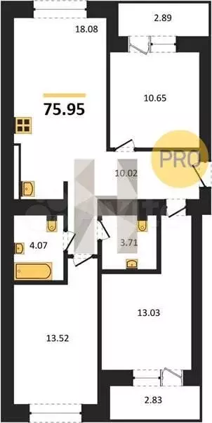 3-к. квартира, 75,9 м, 1/9 эт. - Фото 1