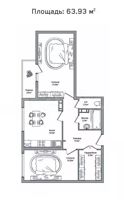 2-к. квартира, 63,9 м, 4/8 эт. - Фото 1