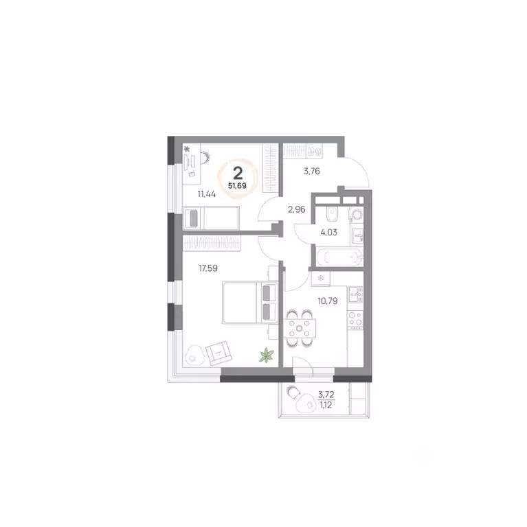 2-к кв. Красноярский край, Красноярск Юдинский жилой комплекс (51.69 ... - Фото 1