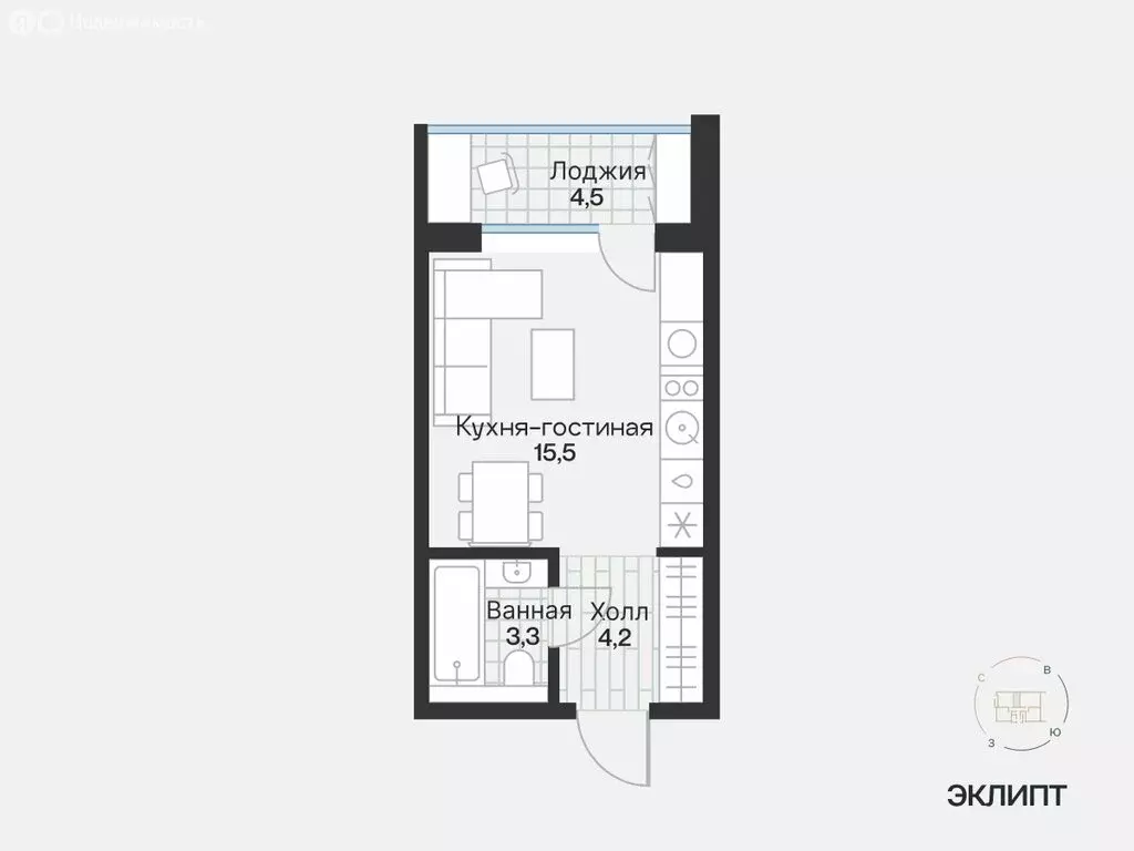 1-комнатная квартира: Тюмень, улица Игоря Комиссарова, 4 (25.24 м) - Фото 1