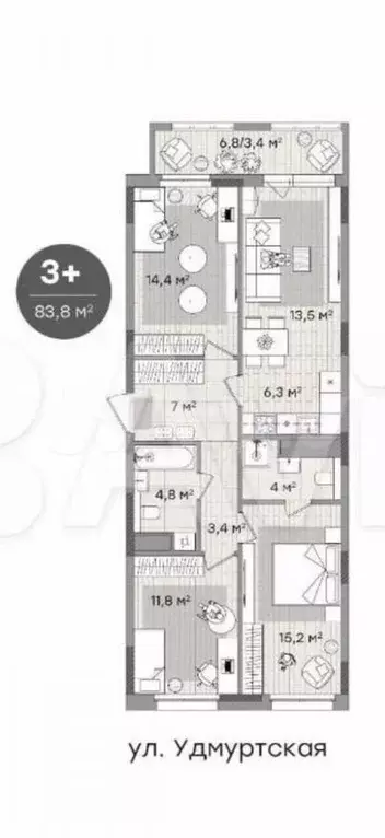 3-к. квартира, 84 м, 14/17 эт. - Фото 0