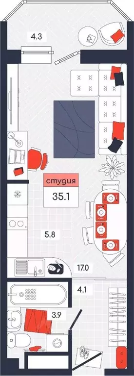 Студия Тульская область, Тула ул. Академика Насоновой, 9 (35.1 м) - Фото 1