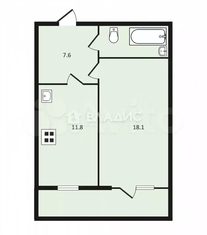 1-к. квартира, 42,8 м, 5/5 эт. - Фото 0