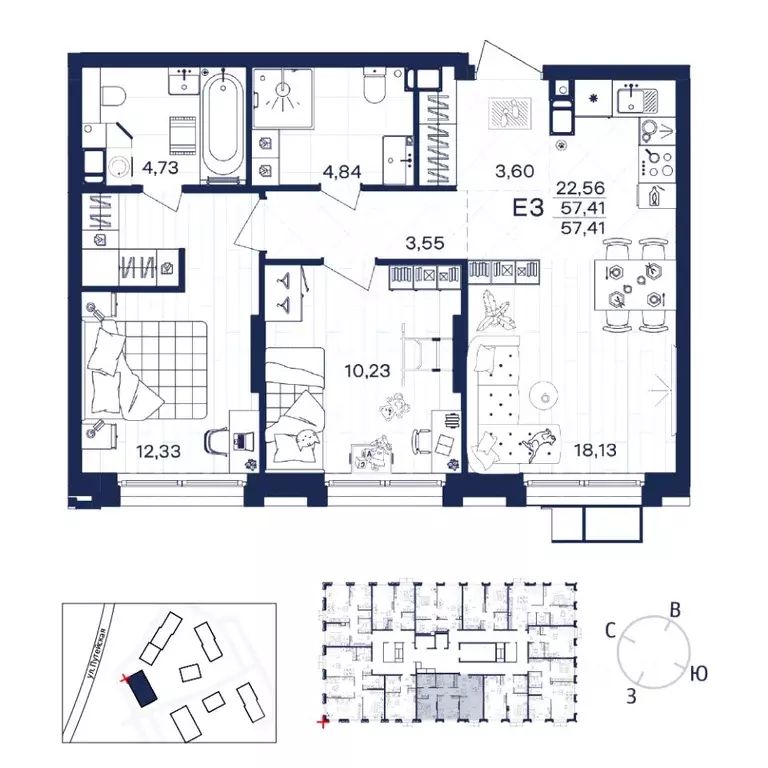 2-к кв. Тульская область, Тула  (57.41 м) - Фото 1