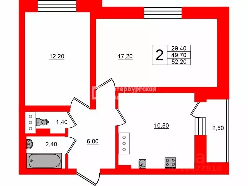 2-к кв. Санкт-Петербург ул. Русановская, 16к3 (49.7 м) - Фото 1