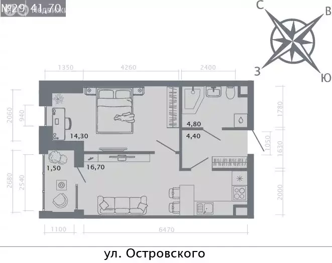 1-комнатная квартира: Казань, улица Островского, 110 (41.7 м) - Фото 1