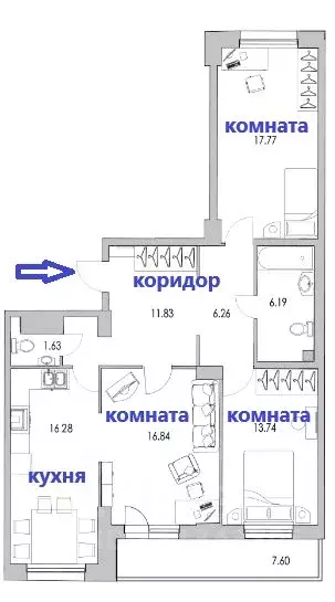 3-к кв. Санкт-Петербург ул. Кустодиева, 7к1 (91.1 м) - Фото 1