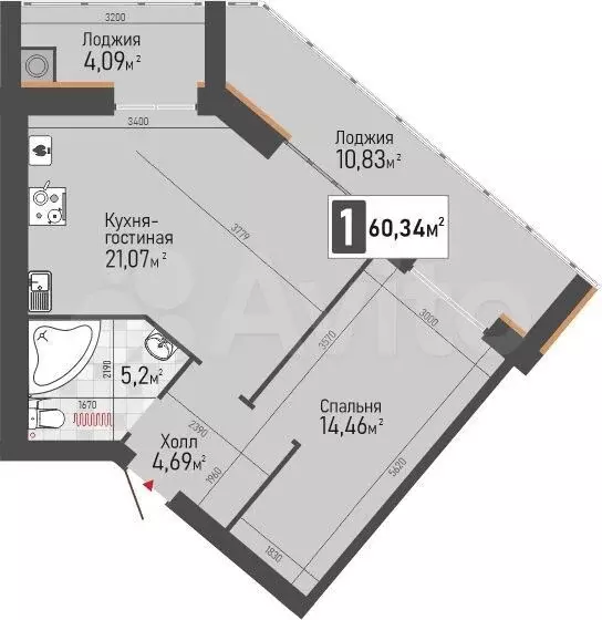 1-к. квартира, 60,3 м, 7/10 эт. - Фото 1