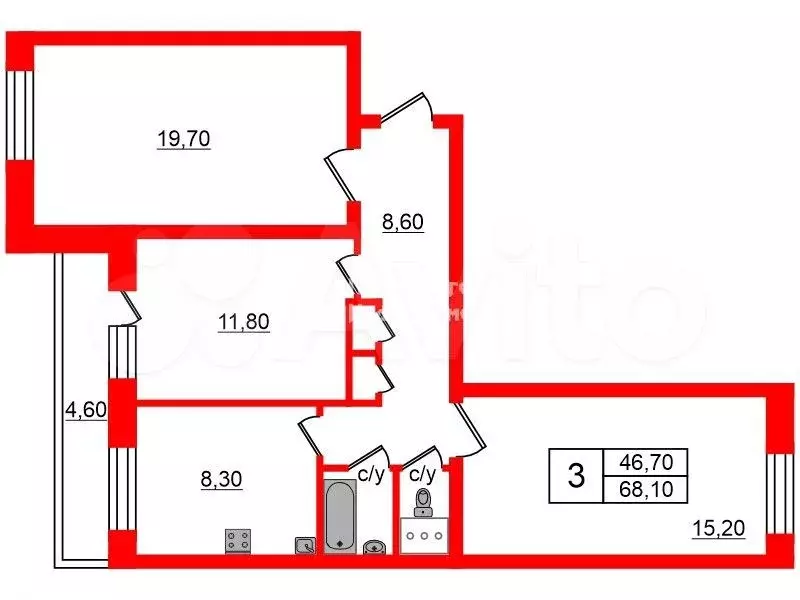 3-к. квартира, 68,1 м, 8/9 эт. - Фото 0