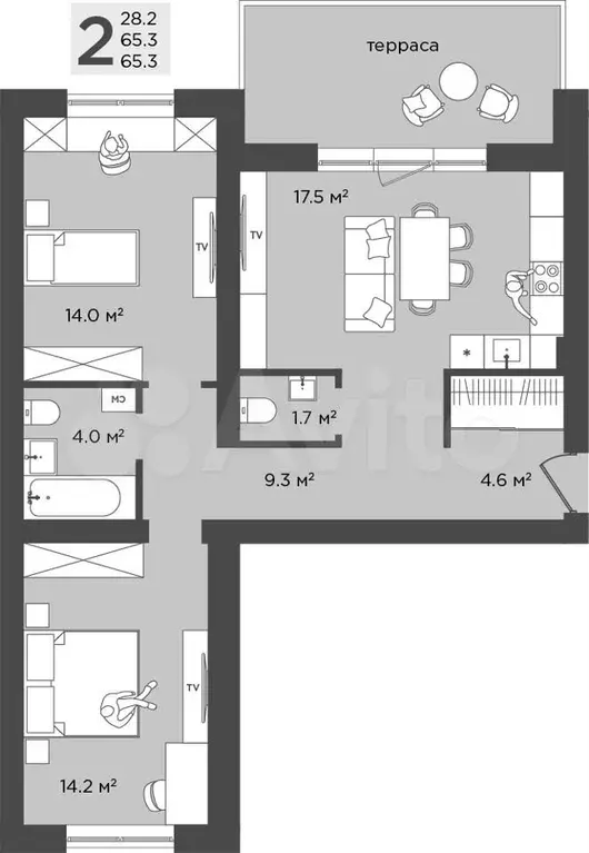 2-к. квартира, 65,3 м, 1/4 эт. - Фото 1