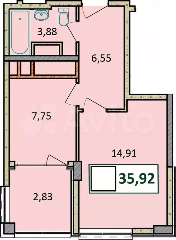 2-к. квартира, 35,9 м, 3/9 эт. - Фото 1
