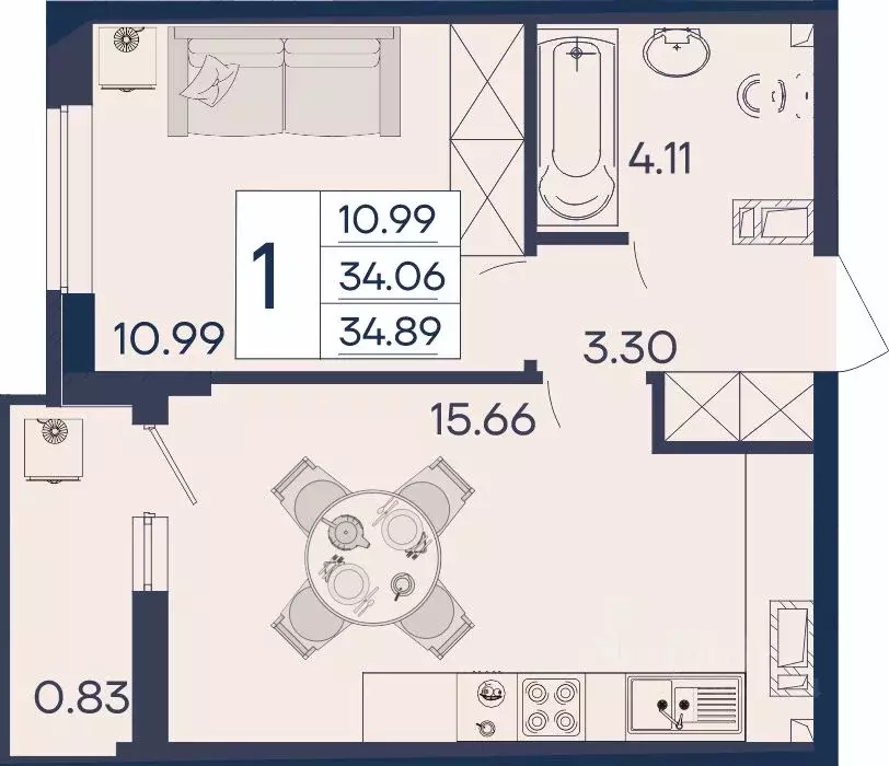 1-к кв. Краснодарский край, Краснодар  (34.89 м) - Фото 1