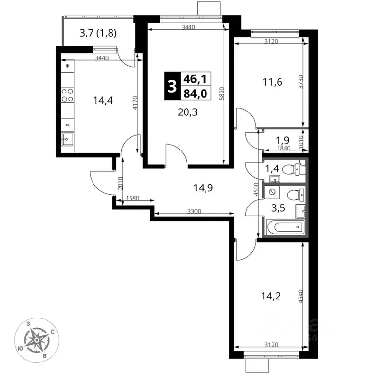 3-к кв. Московская область, Видное ул. Старо-Нагорная, 31 (84.1 м) - Фото 1