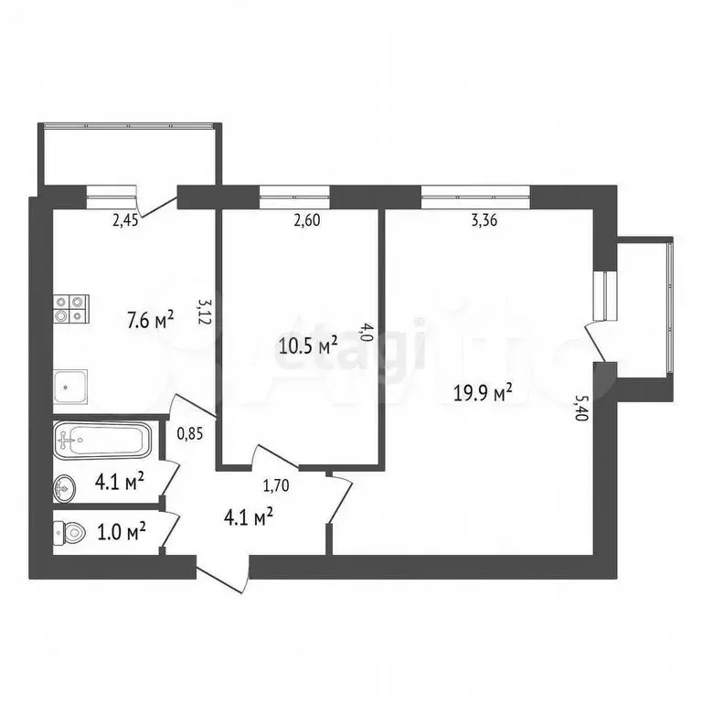 2-к. квартира, 45,4 м, 9/9 эт. - Фото 0