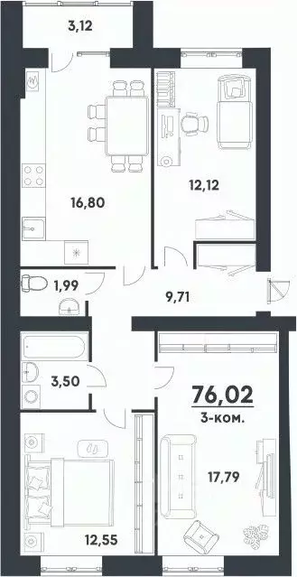 3-к кв. Волгоградская область, Волгоград Долина-2 жилрайон,  (76.02 м) - Фото 0