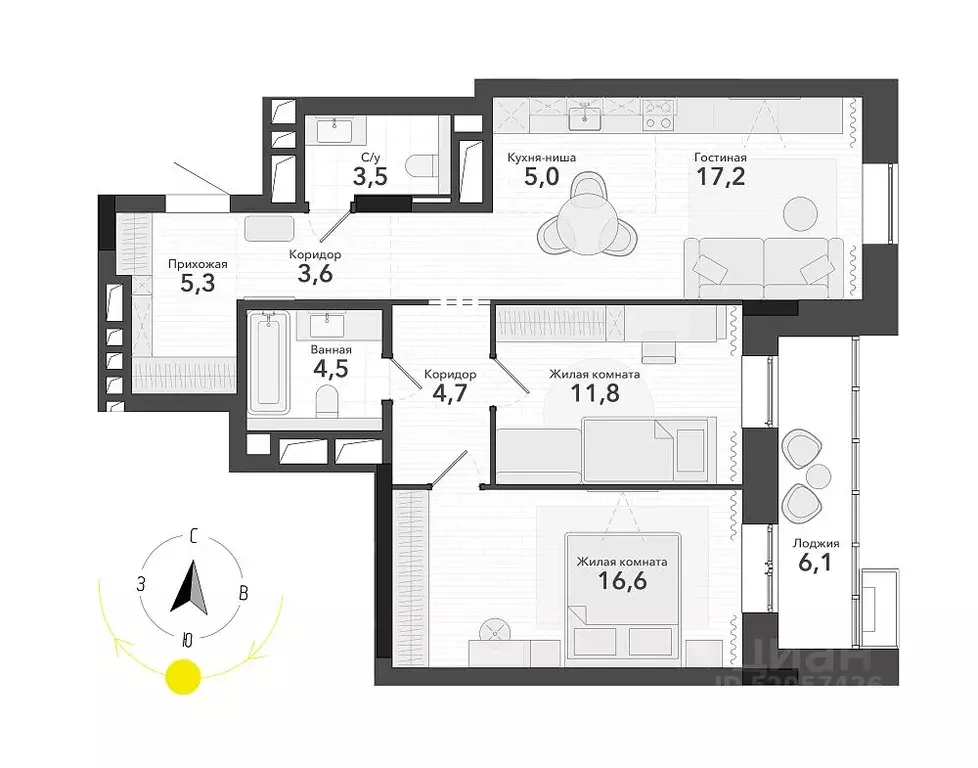 2-к кв. Новосибирская область, Новосибирск ул. Титова, с34 (78.3 м) - Фото 0