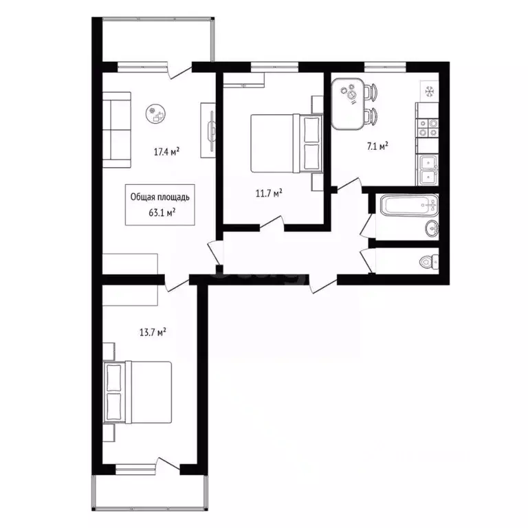 3-к кв. Новосибирская область, Новосибирск Дачная ул., 21/4 (63.1 м) - Фото 1
