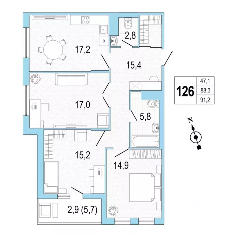 3-к кв. Санкт-Петербург просп. Патриотов, 35 (91.3 м) - Фото 1