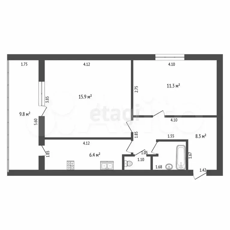 2-к. квартира, 44,1 м, 1/2 эт. - Фото 0