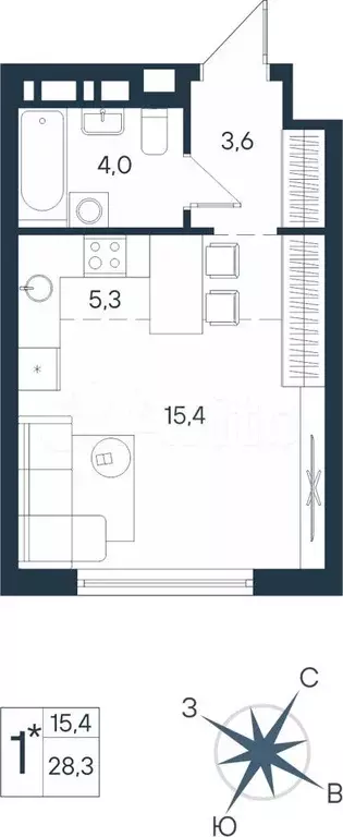 Квартира-студия, 28,3 м, 8/15 эт. - Фото 0